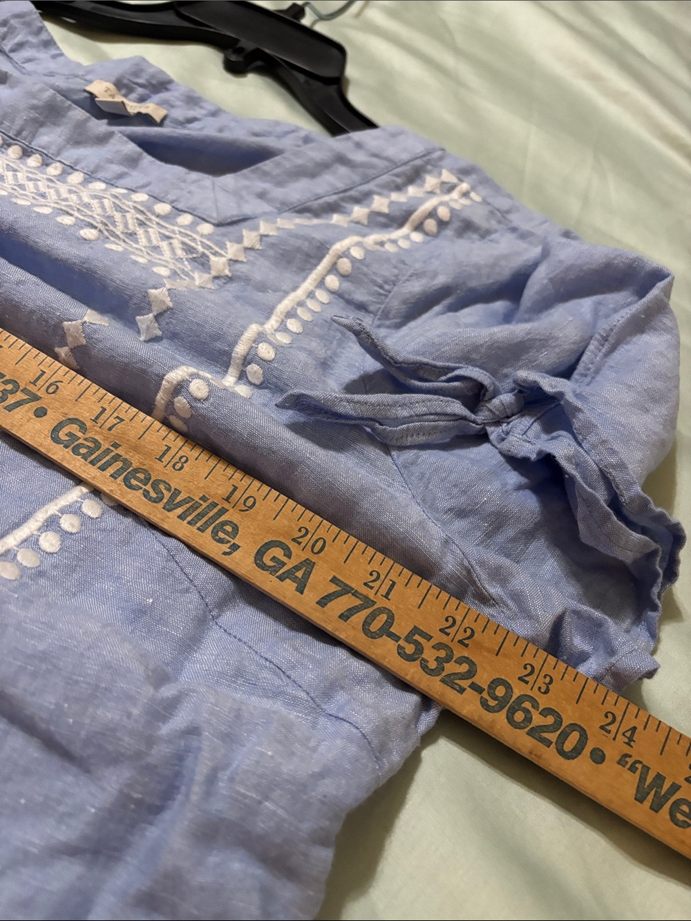 Talbots Light Blue Linen-Blend Square Neck Embroidered Blouse - Picture 7 of 9